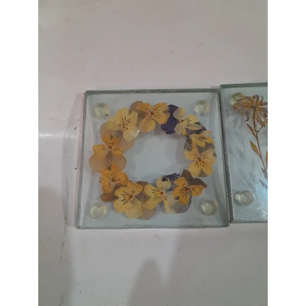 Vintage Coasters Glass Pressed Dried Flowers, Footed, Lot of 4